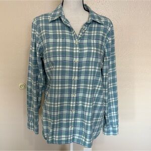 L.L Bean Teal Plaid Button Down Flannel Shirt Womens Medium